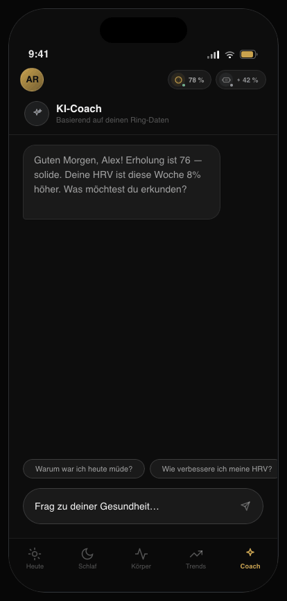 Nexum App, Ansicht „Coach“: ein Gespräch in Textform mit Bezug auf die eigenen Ring-Daten.