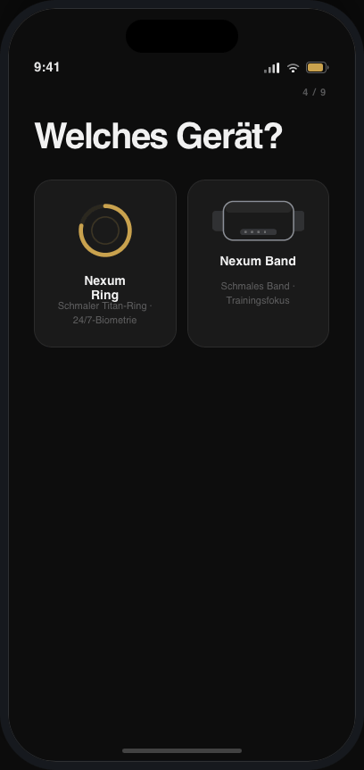 Nexum App, Auswahl zwischen Nexum Ring und Nexum Band.