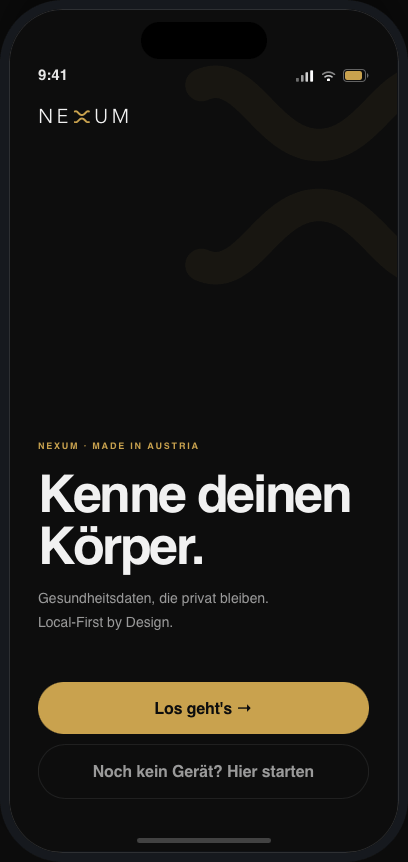 Nexum App, Willkommensbildschirm mit dem Satz „Kenne deinen Körper“.