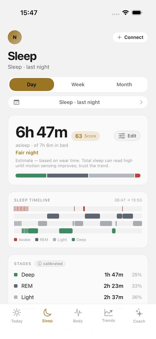 Nexum App, Ansicht „Schlaf“: Schlafdauer, Phasenverlauf, Herzfrequenz und Schlaf-Scores.