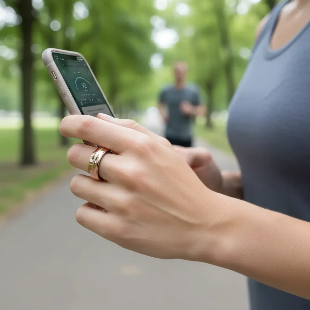 Eine Person auf einem Weg im Park, den Blick auf das Smartphone, den Nexum Ring am Finger.